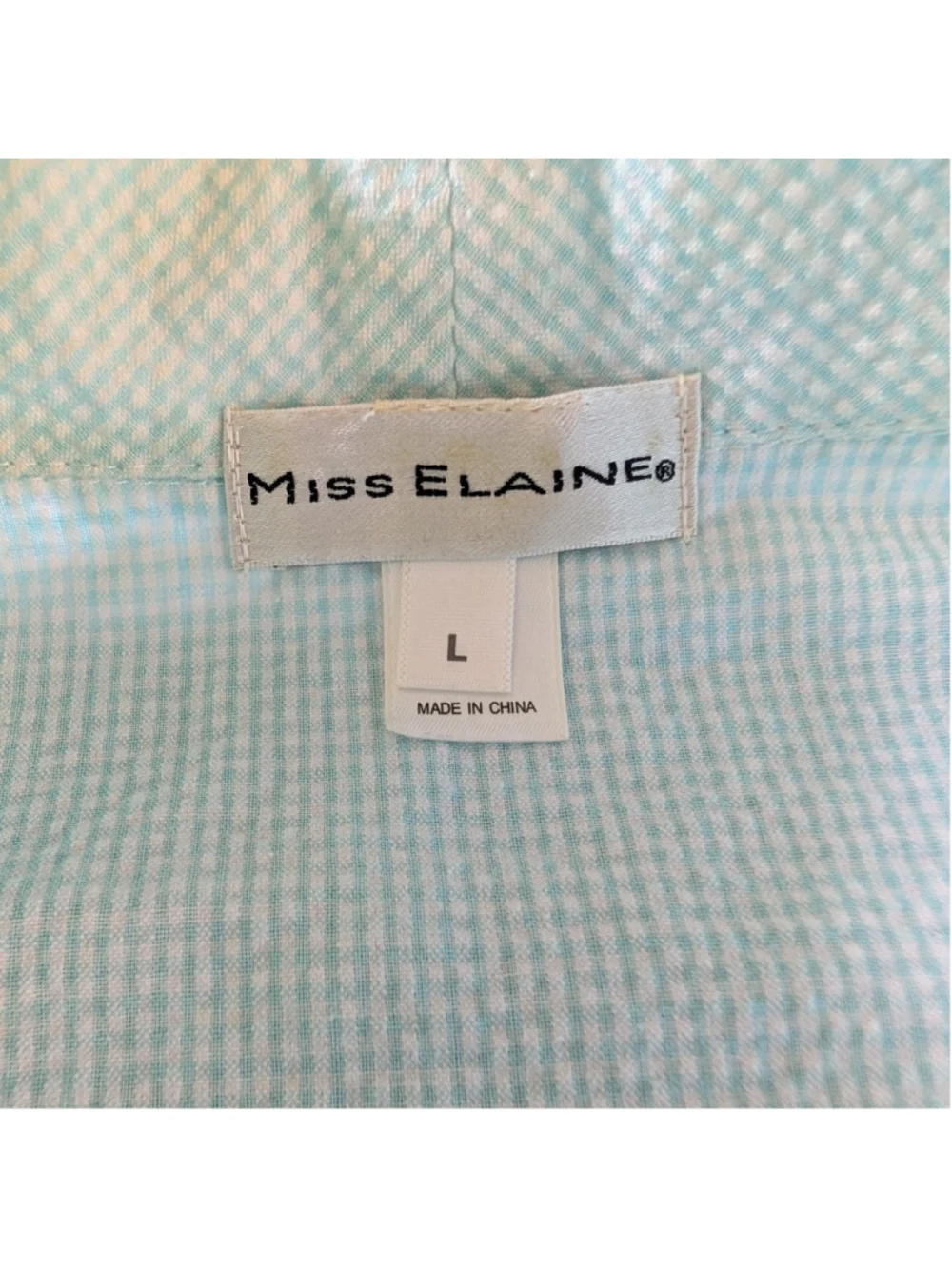 Miss Elaine Pajama Set Large Aqua Blue Seersucker Embroidered Floral Lace Trim